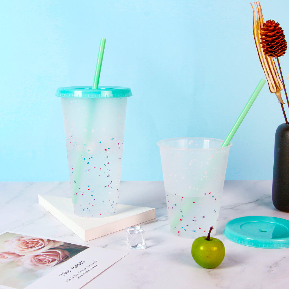 Gobelet avec couvercle et paille menthe 710ml - Transparente confetti - Change couleur - Princess Nugget crafts
